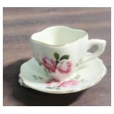 Coronation China Teacup and Saucer from Japan and a miniature teacup/saucer (one piece) and miniature teapot figurines