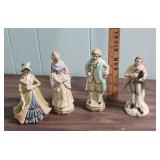 Hand-painted porcelain Victorian-era style figurines, all made in Japan.  Two are marked Lefton China  c1950s