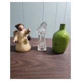 Decorative Angels, one pottery one glass and a Mid-Century Rustic Green jug style vase