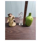 Decorative Angels, one pottery one glass and a Mid-Century Rustic Green jug style vase