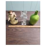 Decorative Angels, one pottery one glass and a Mid-Century Rustic Green jug style vase