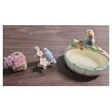 Porcelain Bird Bath Trinket Dish made in Italy (5"W x 5" H), Small ceramic blue bird, and a tiny basket with flowers (both less than 3" high)
