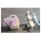 Porcelain Bird Bath Trinket Dish made in Italy (5"W x 5" H), Small ceramic blue bird, and a tiny basket with flowers (both less than 3" high)
