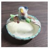 Porcelain Bird Bath Trinket Dish made in Italy (5"W x 5" H), Small ceramic blue bird, and a tiny basket with flowers (both less than 3" high)