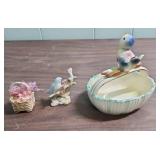 Porcelain Bird Bath Trinket Dish made in Italy (5"W x 5" H), Small ceramic blue bird, and a tiny basket with flowers (both less than 3" high)