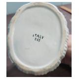 Porcelain Bird Bath Trinket Dish made in Italy (5"W x 5" H), Small ceramic blue bird, and a tiny basket with flowers (both less than 3" high)