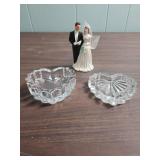 Heart Shaped Glass Trinket Dish/Jewelry Box and a vintage Ceramic Wedding Cake Topper