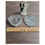 Heart Shaped Glass Trinket Dish/Jewelry Box and a vintage Ceramic Wedding Cake Topper