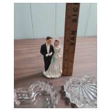 Heart Shaped Glass Trinket Dish/Jewelry Box and a vintage Ceramic Wedding Cake Topper