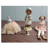 Porcelain Doll with pink cushion like bottom, 1978 Holly Hobbie Figurine, mini shadow box figurine girl, and another ceramic girl with fabric legs that sits