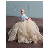 Porcelain Doll with pink cushion like bottom, 1978 Holly Hobbie Figurine, mini shadow box figurine girl, and another ceramic girl with fabric legs that sits