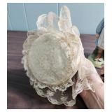 Porcelain Doll with pink cushion like bottom, 1978 Holly Hobbie Figurine, mini shadow box figurine girl, and another ceramic girl with fabric legs that sits