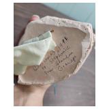 Porcelain Doll with pink cushion like bottom, 1978 Holly Hobbie Figurine, mini shadow box figurine girl, and another ceramic girl with fabric legs that sits