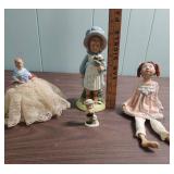 Porcelain Doll with pink cushion like bottom, 1978 Holly Hobbie Figurine, mini shadow box figurine girl, and another ceramic girl with fabric legs that sits