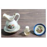 Tiny vintage items - ceramic water pitcher and basin, perfume bottle, and decorative plate made in Japan - great for shadow boxes