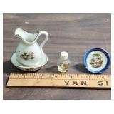Tiny vintage items - ceramic water pitcher and basin, perfume bottle, and decorative plate made in Japan - great for shadow boxes