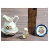 Tiny vintage items - ceramic water pitcher and basin, perfume bottle, and decorative plate made in Japan - great for shadow boxes