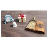 1940s Ceramic Clock made in Occupied Japan, Small ceramic trinket/ring box, Porcelain Bell Thimble, and brass brush with leather cover