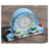 1940s Ceramic Clock made in Occupied Japan, Small ceramic trinket/ring box, Porcelain Bell Thimble, and brass brush with leather cover