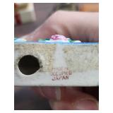 1940s Ceramic Clock made in Occupied Japan, Small ceramic trinket/ring box, Porcelain Bell Thimble, and brass brush with leather cover