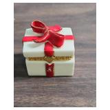 1940s Ceramic Clock made in Occupied Japan, Small ceramic trinket/ring box, Porcelain Bell Thimble, and brass brush with leather cover