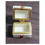 1940s Ceramic Clock made in Occupied Japan, Small ceramic trinket/ring box, Porcelain Bell Thimble, and brass brush with leather cover