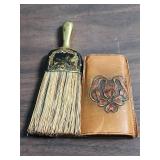 1940s Ceramic Clock made in Occupied Japan, Small ceramic trinket/ring box, Porcelain Bell Thimble, and brass brush with leather cover