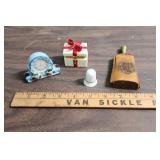 1940s Ceramic Clock made in Occupied Japan, Small ceramic trinket/ring box, Porcelain Bell Thimble, and brass brush with leather cover