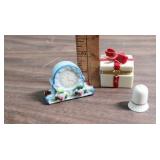 1940s Ceramic Clock made in Occupied Japan, Small ceramic trinket/ring box, Porcelain Bell Thimble, and brass brush with leather cover