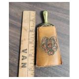 1940s Ceramic Clock made in Occupied Japan, Small ceramic trinket/ring box, Porcelain Bell Thimble, and brass brush with leather cover