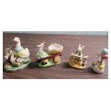 Duck and Bunny Ceramic Figurines, duck with cart made in Occupied Japan, Bunny with Balloons is Lefton China Co