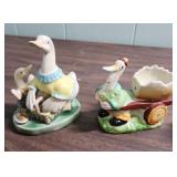 Duck and Bunny Ceramic Figurines, duck with cart made in Occupied Japan, Bunny with Balloons is Lefton China Co