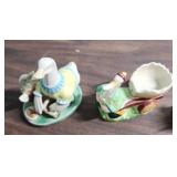 Duck and Bunny Ceramic Figurines, duck with cart made in Occupied Japan, Bunny with Balloons is Lefton China Co