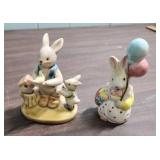 Duck and Bunny Ceramic Figurines, duck with cart made in Occupied Japan, Bunny with Balloons is Lefton China Co