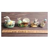 Duck and Bunny Ceramic Figurines, duck with cart made in Occupied Japan, Bunny with Balloons is Lefton China Co