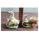 Duck and Bunny Ceramic Figurines, duck with cart made in Occupied Japan, Bunny with Balloons is Lefton China Co