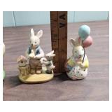Duck and Bunny Ceramic Figurines, duck with cart made in Occupied Japan, Bunny with Balloons is Lefton China Co