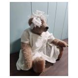 Classic Mohair Hand-crafted Teddy Bear in White Christening Gown (gown has stains)