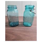 Two Vintage Large Blue Ball Mason Jars (no lids).  One is Ideal style with wire lock mechanism