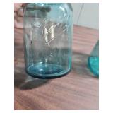 Two Vintage Large Blue Ball Mason Jars (no lids).  One is Ideal style with wire lock mechanism