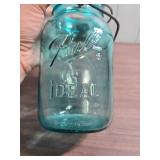 Two Vintage Large Blue Ball Mason Jars (no lids).  One is Ideal style with wire lock mechanism