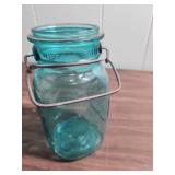 Two Vintage Large Blue Ball Mason Jars (no lids).  One is Ideal style with wire lock mechanism