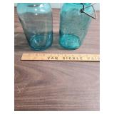 Two Vintage Large Blue Ball Mason Jars (no lids).  One is Ideal style with wire lock mechanism