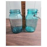 Two Vintage Large Blue Ball Mason Jars (no lids).  One is Ideal style with wire lock mechanism