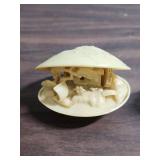 Miscellaneous Vintage items from Japan including 2 bottles of Oshima Tsubaki Camellia Oil, 2 lava rocks, plastic oyster scene, and more