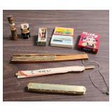Vintage items from Japan - 3 tiny wood Carved Figurines, set of landscape cards, Milky candy (some candies inside still), chop sticks and 2 fans (both fans are damaged)