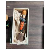 Vintage items from Japan - 3 tiny wood Carved Figurines, set of landscape cards, Milky candy (some candies inside still), chop sticks and 2 fans (both fans are damaged)