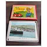 Vintage items from Japan - 3 tiny wood Carved Figurines, set of landscape cards, Milky candy (some candies inside still), chop sticks and 2 fans (both fans are damaged)