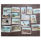 Vintage items from Japan - 3 tiny wood Carved Figurines, set of landscape cards, Milky candy (some candies inside still), chop sticks and 2 fans (both fans are damaged)