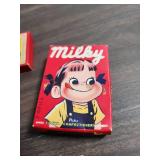 Vintage items from Japan - 3 tiny wood Carved Figurines, set of landscape cards, Milky candy (some candies inside still), chop sticks and 2 fans (both fans are damaged)